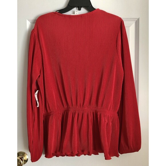 ON 34TH WOMEN'S TOP RED STRIPE WRAP, ELASTIC WAIST LONG SLEEVE PULLOVER, PEPLUM - Picture 3 of 7